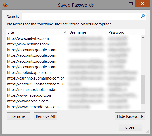 Senhas salvas no Mozilla Firefox